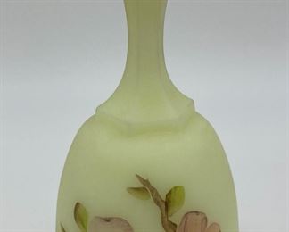 Vintage Fenton custard uranium glass bell pink dogwoods signed Marilyn Wagner