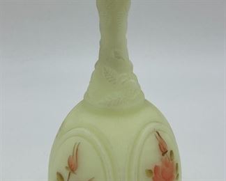 Vintage Fenton custard uranium glass bell with roses signed Beth Thornton