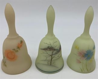 Vintage Fenton custard uranium glass bell with peach roses signed S. Kirby; Vintage Fenton custard uranium glass bell with church, 8341 of 15,000 signed C. Smith; Vintage Fenton custard uranium glass bell blue flowers signed Debbie Hill