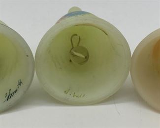 Vintage Fenton custard uranium glass bell with peach roses signed S. Kirby; Vintage Fenton custard uranium glass bell with church, 8341 of 15,000 signed C. Smith; Vintage Fenton custard uranium glass bell blue flowers signed Debbie Hill