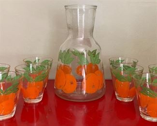 Vintage Hazel Atlas orange juice decanter and glasses