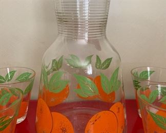 Vintage Hazel Atlas orange juice decanter and glasses