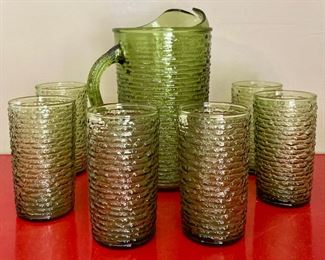Vintage Anchor Hocking avocado Soreno pitcher and tumblers