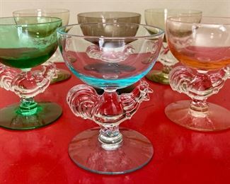 Vintage Morgantown crystal chanticleer liquor cocktail rooster glasses (set of 6, 1 uranium)