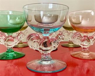 Vintage Morgantown crystal chanticleer liquor cocktail rooster glasses (set of 6, 1 uranium)