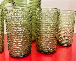 Vintage Anchor Hocking avocado Soreno pitcher and tumblers