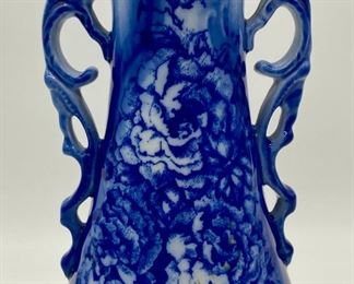 Vintage blue and white double handle vase