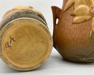 Vintage Roseville 105-7 brown clematis vase and 103-6 brown clematis bulbous vase