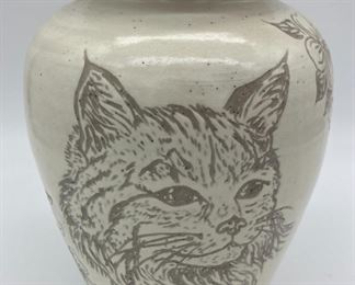 1985 Turn and Burn pottery DB Garner DM Long dogwood and cat vase