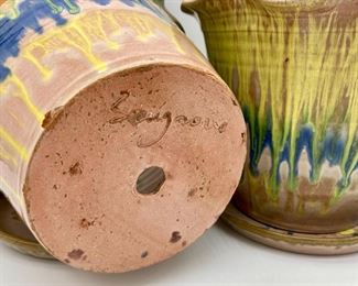 Seagrove pottery ruffle rim flower pots with drain dishes