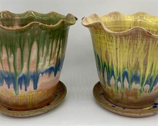 Seagrove pottery ruffle rim flower pots with drain dishes