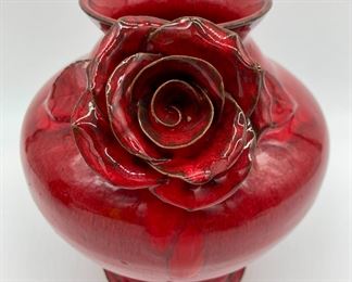 Red rose vase signed T. Elliott Owens Pottery