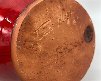 Red rose vase signed T. Elliott Owens Pottery