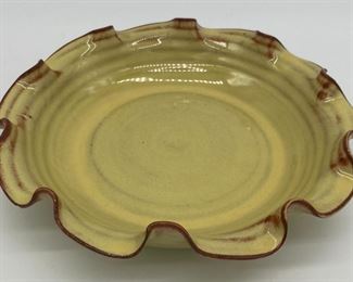 Unsigned ruffle rim yellow glazed pottery pie plate