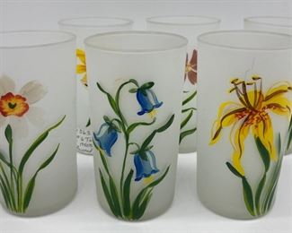 Antique 1950s Libby hand-painted frosted glass tumblers (set of 6)