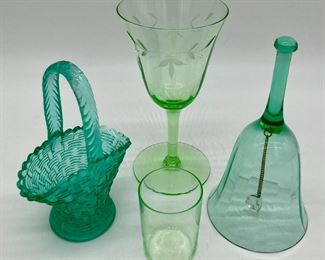 Vintage Duncan Miller uranium basket; Vintage green small uranium glass cup; Vintage Tiffin-Franciscan uranium glass water goblet; Vintage uranium glass bell