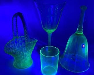 Vintage Duncan Miller uranium basket; Vintage green small uranium glass cup; Vintage Tiffin-Franciscan uranium glass water goblet; Vintage uranium glass bell