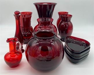 Vintage Anchor Hocking Ruby Red assorted vases, lazy susan inserts; Vintage Pilgrim red crackle glass pitcher; Vintage Avon red glass perfume bottle