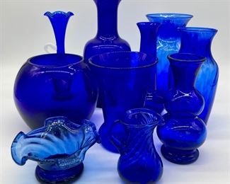Vintage cobalt blue swirl glass pitcher, vases and bowl; Vintage cobalt blue art glass vase; assorted vintage cobalt blue glass vases