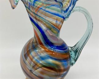 Vintage multi-colored ruffle rim art glass pitcher