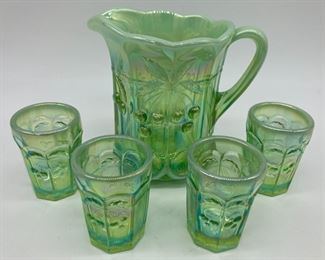 Vintage Mosser "Cherry Thumbprint" green opalescent miniature pitcher and four tumblers