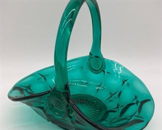 Vintage Indiana Glass "Constellation" teal green basket signed Mike Robinson