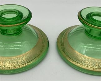 Vintage Fostoria "Royal" green with gold candlestick holders