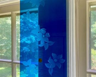 Original Duncan Miller sand etched clematis flower pattern on cobalt tray