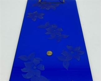 Original Duncan Miller sand etched clematis flower pattern on cobalt tray