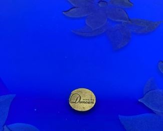 Original Duncan Miller sand etched clematis flower pattern on cobalt tray