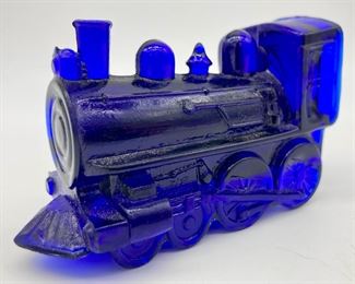 Vintage cobalt blue glass train engine and three cars candy holder