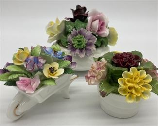 Vintage Aynsley September Dahlia bone china floral; Vintage Royal Adderly bone china floral in wheelbarrow; Vintage Staffordshire Radnor bone china flowers in bowl