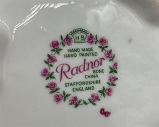 Vintage Aynsley September Dahlia bone china floral; Vintage Royal Adderly bone china floral in wheelbarrow; Vintage Staffordshire Radnor bone china flowers in bowl