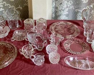 Assorted vintage Anchor Hocking, Indiana Glass, Colony Glass, Imperial, Duncan Miller, O'Hara and Fostoria glassware