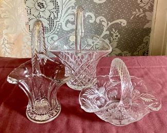 Vintage Duncan Miller colonial panel basket; Vintage Galway crystal basket; Vintage Mosser "Inverted Thistle" glass basket