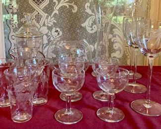 Assorted vintage glass and crystal stemware, juice glasses, cordials