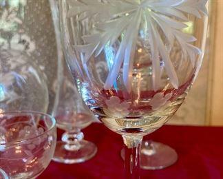Assorted vintage glass and crystal stemware, juice glasses, cordials
