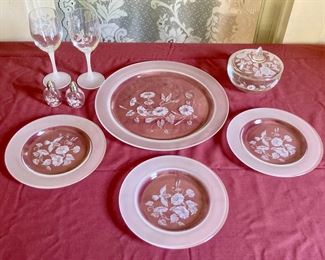 Vintage Avon Hummingbird platter, luncheon plates, wine glasses and candy dish with lid