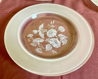 Vintage Avon Hummingbird platter, luncheon plates, wine glasses and candy dish with lid