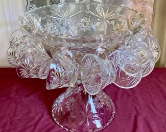 Vintage Early American press cut punch bowl, ladel, 12 cups and hooks