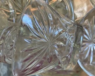 Vintage Early American press cut punch bowl, ladel, 12 cups and hooks