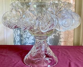 Vintage Early American press cut punch bowl, ladel, 12 cups and hooks