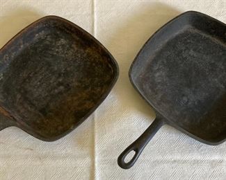 Assorted vintage cast iron square skillets