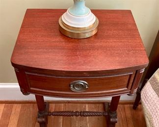 Vintage floral porcelain lamp; vintage Northern Furniture Company nightstand