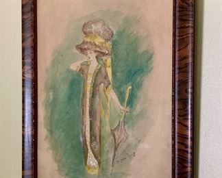 Framed Helen King watercolor lady with parasol