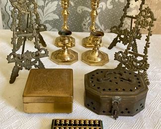 Vintage metal plate easels; Vaisan brass candleholders; Vintage brass trinket box; Brass trinket box with wood interior; Castilian Imports brass & copper abacus