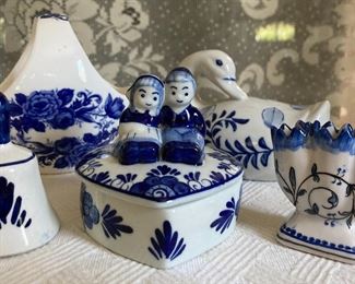 Vintage blue and white bell, trinket box, miniature vase, basket, duck