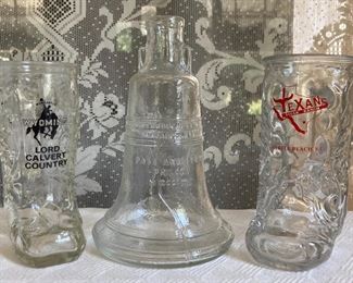 Vintage Libbey of Canada boot shaped mugs; Vintage Liberty Bell glass bottle