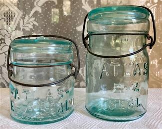 Vintage blue Atlas mason jars with glass lids