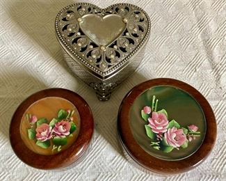 Things Remembered heart shaped trinket box; round wood floral glass lidded trinket boxes